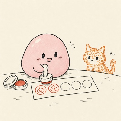 スタンプカードに印を押すスライムと見守る猫の挿絵