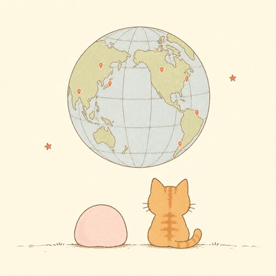 地球儀を眺めるスライムと猫の挿絵